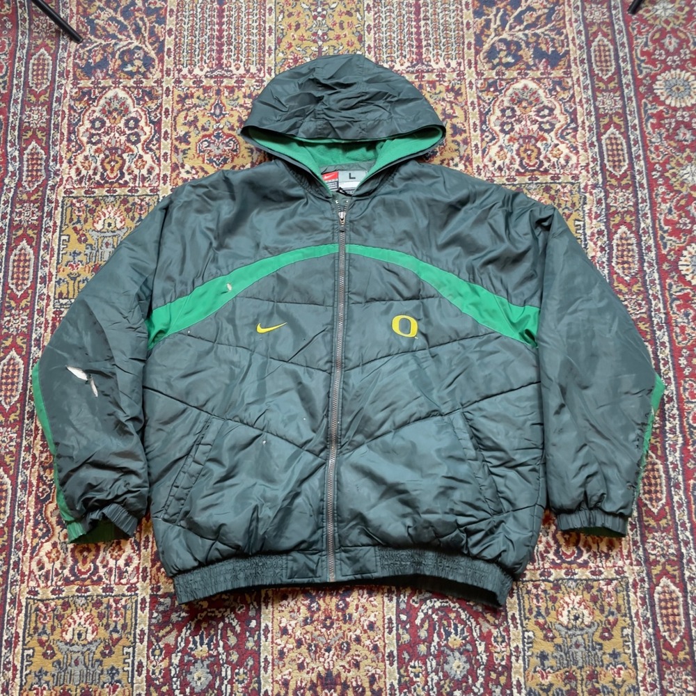 VTG 00s Nike Team Oregon Ducks Puffer Jacket Green Yellow Striped Hooded L HOLES